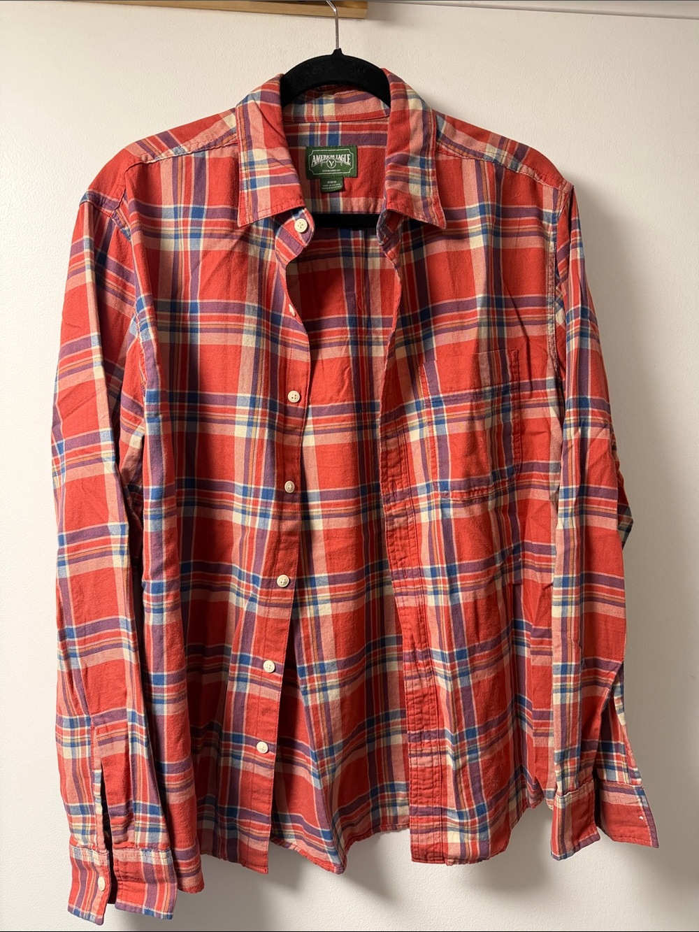 American Eagle Outfitters Red and Blue Plaid Button-Down Shirt